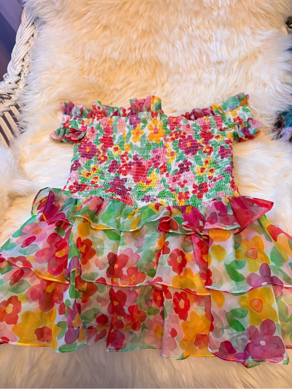 Caroline Constas Floral Multicolor Smocked Top - Green, Red, Pink, Yellow